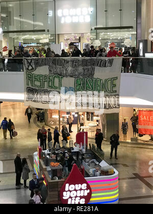 Southampton, Großbritannien - 12 Jan 2019: Demonstraters Protest im Einkaufszentrum West Quay. Dieser friedlichen Demonstration ist die Luftqualität in Southa zu verbessern. Stockfoto