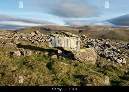 Die norber Steine, Austwick, Yorkshire Dales National Park. Die Felsbrocken Littering das Plateau sind eiszeitliche Findlinge. Stockfoto