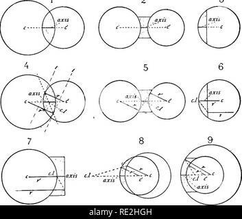 . Das Mikroskop; eine Einführung in die mikroskopische Methoden und Histologie. Mikroskope. Kap. IX] LINSEN UND IHRE WICHTIGSTEN FORMEN 1 2 3 283. Etc. 167. Sphärische Linsen mit ihren Formen und die wichtigsten Funktionen. (I) Doppel Sammellinse mit den zwei Sphären, von dem es abgeleitet wurde. c-c' die Mittelpunkte der beiden Sphären mit den wichtigsten Achse der Linse auf der Linie, die den Zentren. (2) Doppelte konkave Linse und zwei Sphären, von dem es abgeleitet wurde, c-c" Zentren der Sphären und Achse des Objektivs. (3) Plano-konvexen Linse mit der Kugel, von dem es abgeleitet wurde. In diesem Fall wird die Achse auf Stockfoto