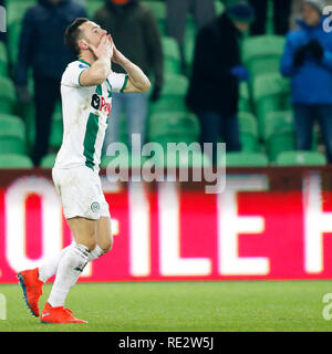 GRONINGEN, 08-07-2019 Fußball, niederländischen Eredivisie Saison 2018 - 2019, Stadion Grolsch Veste. Groningen Spieler Thomas Bruns Kerben und feiert die 2-0 während des Spiels FC Groningen - Herakles Stockfoto