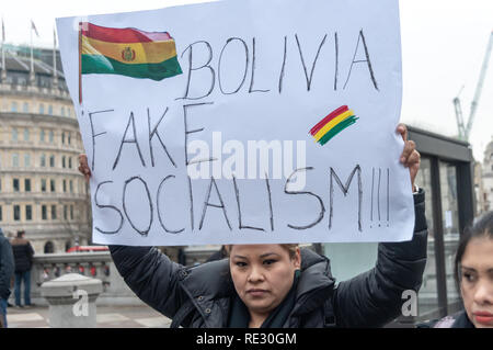 London, Großbritannien. 19. Januar 2019. Bolivianer protestierten in Trafalgar Square gegen Präsident Evo Morales nach Bolivien Electoral Tribunal im Dezember entschieden, dass er für eine vierte Amtszeit in den November 2019 Wahlen stehen könnte, für die es Vorwahlen am 27. Januar. Morales wurde 2005 gewählt und unterstützt die Verfassung 2009, dass nur zwei aufeinander folgende Amtszeiten erlaubt. Wurde eine Änderung mehr zu ermöglichen schmal durch ein Referendum am 21. Februar 2016 zurückgewiesen. Credit: Peter Marschall/Alamy leben Nachrichten Stockfoto