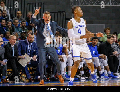 Jan 18, 2019: Buffalo Bulls Head Coach Nate Hafer schreit Spieler auf dem Hof, um das Tempo auf einem Bullen schnellen Bruch zu holen während der ersten Hälfte des Spiels in der NCAA Basketball Spiel zwischen den östlichen Michigan Adler und Buffalo Stiere an Alumni-Arena in Amherst, NY (Nicholas T. LoVerde/UB Athletik) Stockfoto