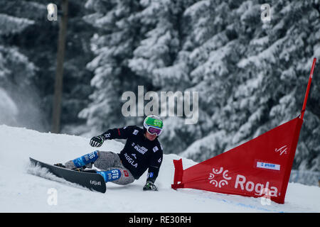 Rogla, Slowenien. 19. Jan 2019. Rok Marguc Sloweniens konkurriert während der FIS Snowboard Männer Parallel Riesenslalom Weltcup Rennen in Rogla, Slowenien am 19. Januar 2019. Foto: Jure Makovec Credit: Jure Makovec/Alamy leben Nachrichten Stockfoto