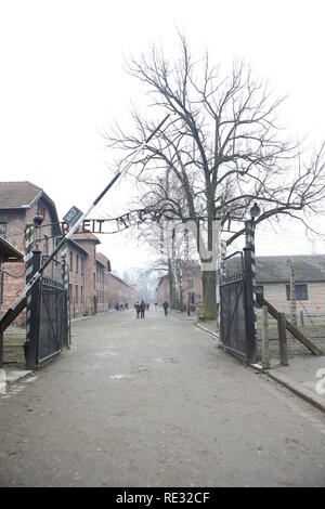 Oswiecim, Polen. 27 Jan, 2018. Ein Hindernis befindet sich am Eingang des Konzentrationslagers Auschwitz unter der Inschrift "Arbeit macht frei" geöffnet. Am 27. Januar 1945, in der die Nazi-KZ Auschwitz-Birkenau wurde von der sowjetischen Roten Armee befreit. Jedes Jahr am Jahrestag der Befreiung Überlebenden kommen zum Gedenken an die Toten und lass nicht zu, dass die Gräueltaten in Vergessenheit geraten. Credit: Daniel Schäfer/dpa-Zentralbild/dpa/Alamy leben Nachrichten Stockfoto