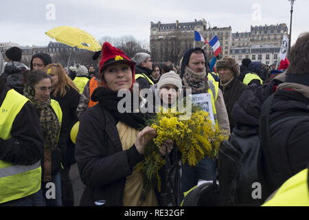 Paris, Frankreich. . Jan, 2019 19. Eine Frau trägt den Hut der französischen Symbol 'La Marianne' gesehen wird, die Blumen bei einer Demonstration gegen den französischen Präsidenten Längestrich Politik. Gelbe weste Demonstranten versammelt und marschierten auf den Straßen von Paris ein weiteres Samstag auf, was Sie die Akte X gegen die Politik der französische Präsident Emmanuel's Längestrich nennen. Credit: Bruno Thevenin/SOPA Images/ZUMA Draht/Alamy leben Nachrichten Stockfoto