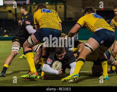 Houston SaberCats prop Jamie Denver (1) geht in die versuchen, während der Ausstellung Spiel zwischen den Glendale Raptors und das Houston SaberCats im Sternbild Feld, Sugar Land, Texas. Vollzeit Glendale Raptors beat Houston SaberCats 36-21. © Maria Lysaker - Cal Sports Media Stockfoto