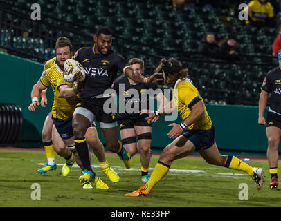 Houston SaberCats Flügel Josua Vici (14) während der Ausstellung Spiel zwischen den Glendale Raptors und das Houston SaberCats im Sternbild Feld, Sugar Land, Texas. Vollzeit Glendale Raptors beat Houston SaberCats 36-21. © Maria Lysaker - Cal Sports Media Stockfoto