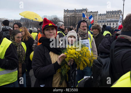 Paris, Frankreich. 19. Jan 2019. Eine Frau trägt den Hut der französischen Symbol 'La Marianne' gesehen wird, die Blumen bei einer Demonstration gegen den französischen Präsidenten Längestrich Politik. Gelbe weste Demonstranten versammelt und marschierten auf den Straßen von Paris ein weiteres Samstag auf, was Sie die Akte X gegen die Politik der französische Präsident Emmanuel's Längestrich nennen. Credit: SOPA Images Limited/Alamy leben Nachrichten Stockfoto