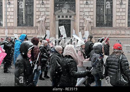 Cleveland, Ohio, USA, 19. Januar, 2019. Wintersturm Harper verschlingt die Teilnehmer im März 2019 Frauen in der Innenstadt von Cleveland, Ohio, USA. Der stärkste Sturm der Saison war das Gefühl, als Demonstranten die Federal Reserve von Cleveland Ohio Gebäude am East 6th Street vorbei. Credit: Mark Kanning/Alamy Leben Nachrichten. Stockfoto