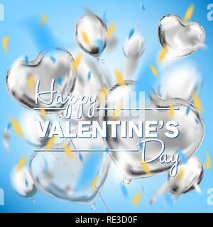 Happy Valentines Tag sky blue square Karte mit metallischen Herzform Ballons Stock Vektor
