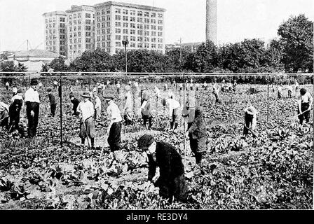 . Die Schule und zu Hause im Garten; ein Lehrbuch für junge Leute, mit Plänen, Anregungen und Hilfen für Lehrer, Führer und Organisatoren. Gartenarbeit; Schule Gärten. Be- und Entwässerung 109 genug, um nicht im Weg zu Pflügen. iVseending Rohre an die Oberfläche kommen in Abständen. In allen drei dieser Pläne, Hähne können platziert werden können, wo sie für die Befestigung von gartenschlauch gewünscht. In den ersten zwei Pläne, das Wasser kann durch den Einsatz spezieller Düsen direkt vom Wasser Leitungen ohne die Verwendung von Schlauch geworfen werden. Gräben oder Gerinnen werden manchmal verwendet, um das Wasser zu vermitteln. Abb. 61.-Overhead irri Stockfoto