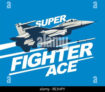 Militärische Ebene im Himmel feuerte eine Rakete. Logo Vorlage oder Drucken. Kampfjet Vector Illustration. Stock Vektor