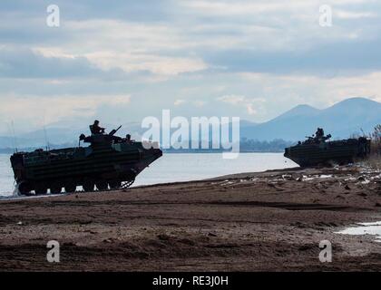 Ein US-Marine AAV/P7-A1 Assault amphibian Fahrzeuge mit Bataillon Landung Team, 1.BATAILLON, 2. Marine Regiment, 22 Marine Expeditionary Unit, kommen an Land während der Übung Alexander der Große (ATG) 2019 in Volos, Griechenland, Jan. 5, 2019. Übung ATG ist ein bi-lateral US/Griechisch (Hellenic) Übung entwickelt, die Interoperabilität zwischen den US-Marines und der griechischen Marine Infanterie Kräfte zu erhöhen, mit dem Ziel, die Ausübung platoon-zu-Bataillon Infanterie-Feld und amphibische Fähigkeiten, um die Bereitschaft zu verbessern und Beziehungen stärken. Diese Übung trägt dazu bei, die Bereitschaft zur Unterstützung der N Stockfoto