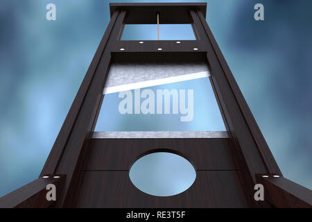 Guillotine Instrument für Zuzufügen, die Vollstreckung der Todesstrafe durch Enthauptung und dramatische Cloud Hintergrund. Alte Holz- instrument für die Ausführung. Nahaufnahme Stockfoto
