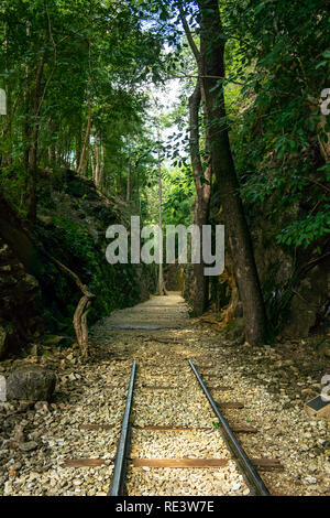 Die berüchtigten Hellfire Bearbeitungsweg Abschnitt des Todes Eisenbahn, bekannt als Thai - Birma Eisenbahn. Der Kriegsgefangenen während des Zweiten Weltkrieges gebaut. Stockfoto