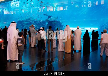 Besucher in das Dubai Aquarium und der Unterwasser Zoo an der Dubai Mall, Dubai, Vereinigte Arabische Emirate, Naher Osten Stockfoto