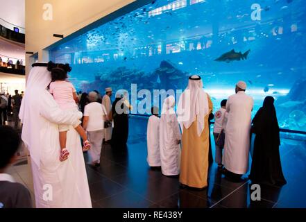 Besucher in das Dubai Aquarium und der Unterwasser Zoo an der Dubai Mall, Dubai, Vereinigte Arabische Emirate, Naher Osten Stockfoto