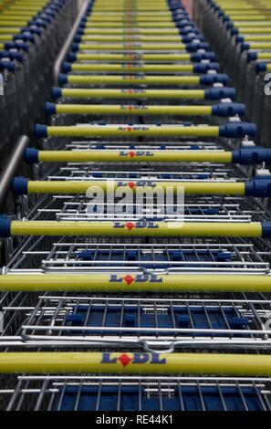 Shopping Carts in einer Reihe vor einem Supermarkt Stockfoto