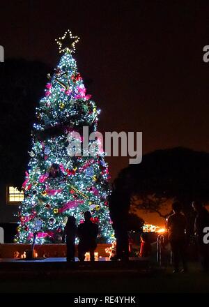 Bewundern Sie den Baum Stunden später nach 61 Air Base Group Commander, Col Charles Roberts, zusammen mit einigen seiner kleinen Helfer schlug den Schalter, um den Weihnachtsbaum zu Licht, in der Nähe der Parade am Fort MacArthur, San Pedro, Calif, Nov. 30, 2016. Familie, Freunde und Bewohner wurden dann zu essen, Spielzeug, Kunsthandwerk und ein Besuch mit Santa in der Community Center behandelt. Stockfoto