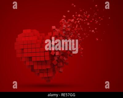 In Herzform, auflösen Datenbaustein. Mit roten Würfel. 3D-Pixel style Vector Illustration. Stock Vektor