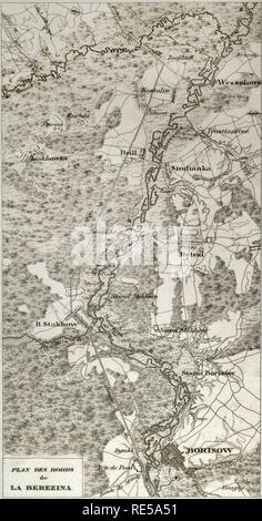 Napoleonischen Karte. Ufer des Flusses Beresina (Belarus). Schlacht an der Beresina. Es fand vom 26. bis 29. November 1812, zwischen der Französischen Armee von Napoleon, Rückzug nach seinem Einmarsch in Rußland und der Überquerung der Beresina (in der Nähe von Borisov, Belarus) und die russischen Truppen. Atlas de l'Histoire du Consulat et de l'Empire. Geschichte des Konsulats und des Empire von Frankreich unter Napoleon von Marie Joseph Louis Adolphe Thiers (1797-1877). Zeichnungen von Dufour, Stiche von Dyonnet. In Paris, 1864 bearbeitet werden. Stockfoto