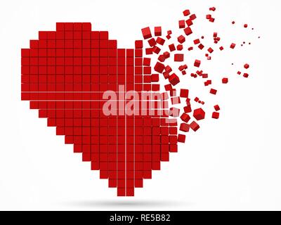 In Herzform, auflösen Datenbaustein. Mit roten Würfel. 3D-Pixel style Vector Illustration. Stock Vektor