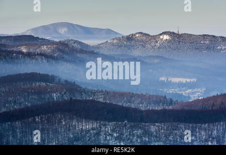 Winterlandschaft mit misty Täler an der Basis von Tampa Mountain in der Nähe von Brasov, Rumänien. Stockfoto