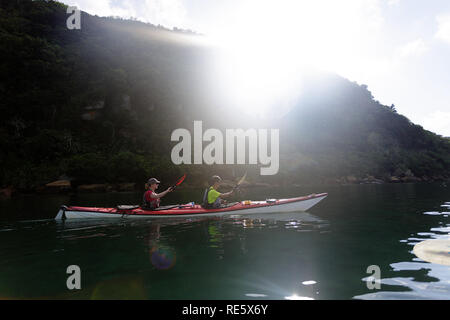 Frau und Mann Paddeln mit Kajak fahren auf dem Meer, Seitenansicht, flachkopfkatze Insel Taketomi, Okinawa, Japan Stockfoto