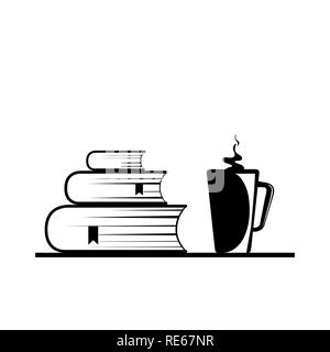 Flache einfache Symbol aus einem Stapel von Büchern und Tassen heißes Getränk. Stock Vektor