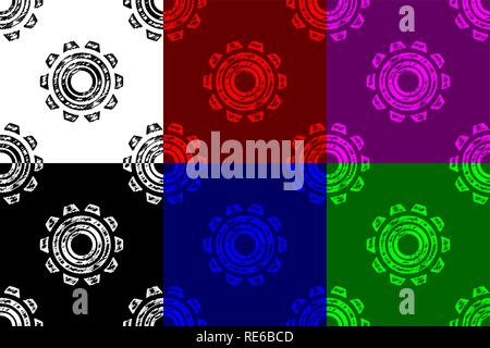 Zahnrad nahtlose Muster, Zahnradbahn (Schwarz, Weiß, Rot, Blau, Grün, Violett) Hintergrund, Stock Vektor
