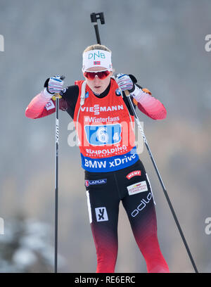 Ruhpolding, Deutschland. Jan, 2019 19. Biathlon: Wm, 4x6 km Frauen Relais in der Chiemgau Arena. Marte Olsbu aus Norwegen auf der Route. Credit: Sven Hoppe/dpa/Alamy leben Nachrichten Stockfoto