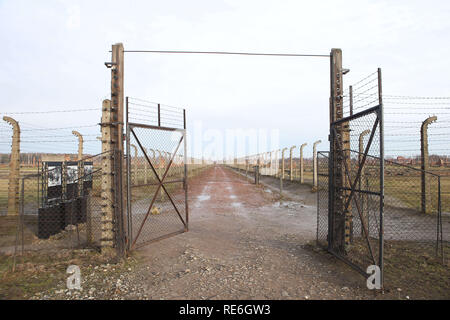 Oswiecim, Polen. 27 Jan, 2018. Hinter einem Tor sehen Sie die Kaserne und den Weg in die Gaskammern. Am 27. Januar 1945, in der die Nazi-KZ Auschwitz-Birkenau wurde von der sowjetischen Roten Armee befreit. Jedes Jahr am Jahrestag der Befreiung Überlebenden kommen zum Gedenken an die Toten und lass nicht zu, dass die Gräueltaten in Vergessenheit geraten. Credit: Daniel Schäfer/dpa-Zentralbild/dpa/Alamy leben Nachrichten Stockfoto