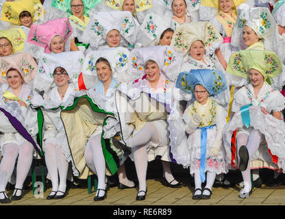 Burg, Deutschland. Jan, 2019 19. Junge Frauen und Mädchen in der ursprünglichen Sorbian-Wendish festliche Kostüme haben eine Gruppe Foto bei den traditionellen Zapust, die Jugend Karneval. Über 30 Paare nahmen an die 126 Jugend Karneval. Mit dem Karnevalsumzug in den Dörfern der Lausitz der Winter ist nach alten Brauch zurückzuführen. Foto: Patrick Pleul/dpa-Zentralbild/ZB/dpa/Alamy leben Nachrichten Stockfoto