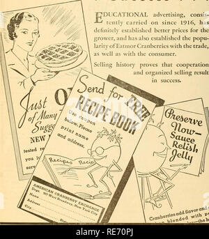 . Preiselbeeren;: die nationalen cranberry Magazin. Preiselbeeren. Eatmor Cranberries tut seinen Teil der 1936 Cranberry Saison zu einem Erfolg zu machen. . 1 HDUCATIONAL Werbung, gehört - - -' dauerhaft auf seit 1916 durchgeführt, hat auf jeden Fall bessere Preise für den Züchter etabliert und hat auch die Bevölkerung von larity Eatmor Cranberries mit dem Handel, als auch bei den Konsumenten etabliert. Verkauf die Geschichte beweist, dass Zusammenarbeit und organisiert den Verkauf führen. In den Erfolg. 12. Bitte beachten Sie, dass diese Bilder sind von der gescannten Seite Bilder, die digital für die Lesbarkeit erhöht worden sein können extrahiert - Stockfoto