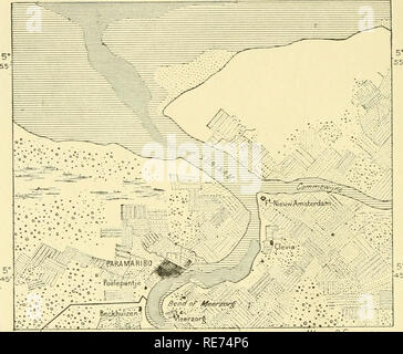 . Die Erde und ihre Bewohner... Geographie. 58 AMAZONIEN UND LA PLATA. raaribo ist ein Frencli Stiftung aus dem Jahr 1640, als einige Flüchtlinge aus Cayenne ein wenig fortalice an der Stelle, wo jetzt steht Fort Zeelandia, am linken Ufer des Surinam oberhalb seiner Mündung gebaut. Zehn Jahre später Lord Willoughby von Parham erhoben den Ort in der zur Würde des Kapitals, und als es bald darauf in die Hände der Niederländischen bestanden, wurde das administrative Zentrum der Surinam Besitztümer. Paramaribo, die ein Indischer Name und nicht eine Korruption der Parham, steht auf einer Terrasse von shingl Stockfoto