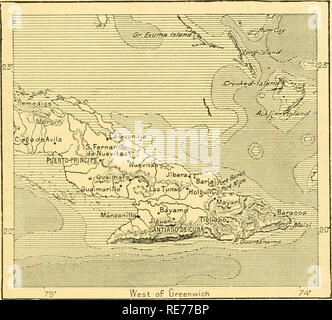 . Die Erde und ihre Bewohner... Geographie. Physische FEATUEES VON KUBA. 857 Kuba, jedoch in der Höhe und die allgemeine Entlastung durch San Domingo überschritten. Der nur gut definierten Gebirge der Sierra Maestra, das sich plötzlich über den Rand des Wassers an der Südostküste über gegen Jamaika. Die Strecke beginnt an der scharfen Landspitze von Kap Cruz, und steigt schnell durch eine Reihe von Terrassen bis zu einer Höhe von 3.300 Fuß in der Ojo del Toro Crest. Weiter auf der Kette gipfelt in einem Gipfel in der Regel als der Pico de Tarquino, vielleicht eine Korruption der Pico Turquino, oder der "Blaue Spitze, &quot Stockfoto