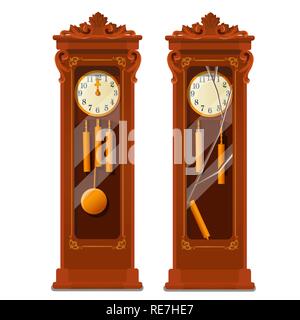 Antike hölzerne Standuhr mit Glasscherben auf weißem Hintergrund. Vektor cartoon Close-up Abbildung. Stock Vektor