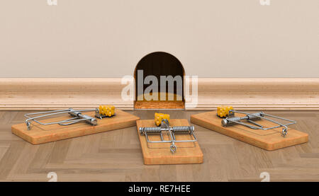 Maus Loch an der Wand und Maus fallen mit Käse um, 3D-Rendering Stockfoto