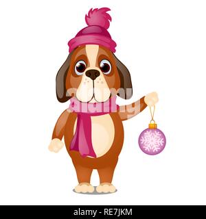 Niedlich animierten Hund in einem Schal und Hut ist in seiner Pfote ein Weihnachten Spielzeug auf weißem Hintergrund. Vektor cartoon Close-up Abbildung. Stock Vektor