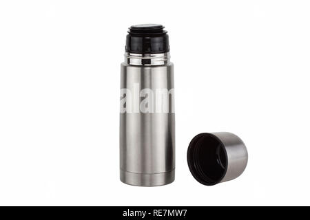 Edelstahl Flasche thermos Travel auf weißem Hintergrund Stockfoto