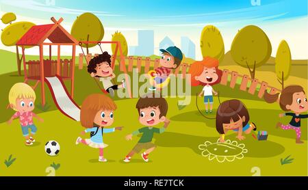 Kinder spielen Park Spielplatz Vector Illustration. Kinder Schwingen im Freien im Sommer Schule Kindergarten. Stadt Landschaft Hintergrund. Junge und Mädchen Zeichentrickfigur Aktivität Ausrüstung Stock Vektor