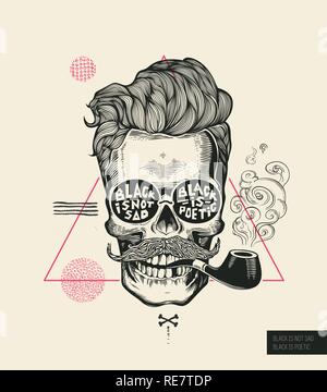 Hipster Haar Schädel Rauchen Rohr Vektor Poster drucken. Moderne Schnurrbart Skelett Gesicht Porträt in Sonnenbrille. Urban Typografie stilvolle, geometrisch Banner. Monochrome Sailor Kopf Schwarz Tattoo. Stock Vektor