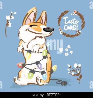 Corgi Hund spielen Christmas Garland Vektor Poster. Happy Fuchs Pet Charakter neue Jahr Abbildung Serie mit Blume. Wenig Orange Waliser Doggy aufgeregt auf blauem Hintergrund Flachbild Cartoon Banner drucken Stock Vektor