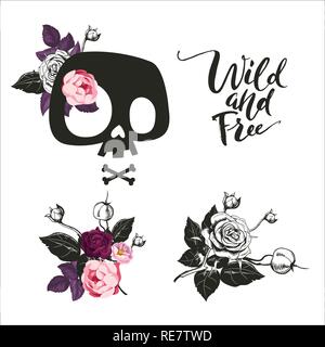 Satz von Cute Cartoon Schädel dekoriert mit rose Blumen, Sträuße, Schädel, Wild und Frei-Schriftzug, können als Drucken Kunst, t-shirt Druck, Design verwendet werden. Vector Illustration. Isoliert. Stock Vektor