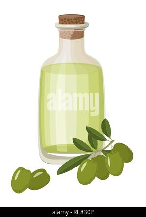 Flasche gesunde Extra vergine Olivenöl und frischen grünen Oliven mit Blättern. Vector Illustration auf weißem Hintergrund Stock Vektor