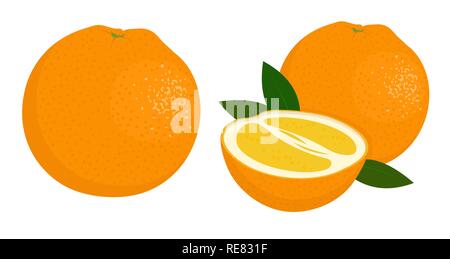 Orange ganze und halbe orange. Vector Illustration von Orangen auf weißem Hintergrund. Stock Vektor
