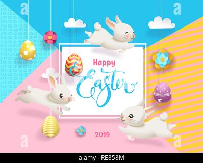 Frohe Ostern niedliche Häschen und Eier Vektor Poster. Frühling Kaninchen auf bunten geometrischen Hintergrund. Religion Holiday Craft Party Feier Typografie Flachbild Cartoon Illustration Stock Vektor