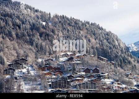 Chalet Stil Unterkunft im Schnee mit Pinienwald auf einem Hügel in Morzine Haute Savoie Portes du Soleil Frankreich Stockfoto