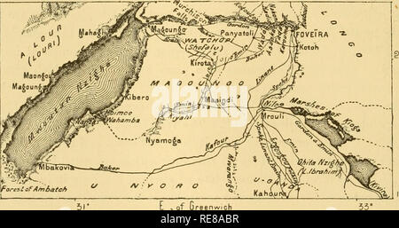 . Die Erde und ihre Bewohner... Geographie. 92 NÖTH - OSTAFRIKA. Allerdings zahlreich vertreten, und die zarten Blätter der Akazien Wälder sieht an manchen Stellen wie ein leichter Dunst umhüllt die Stängel und Zweige der Bäume. Antilopen noch im Überfluss in diesen Regionen auch auf der Strecke bisher gefolgt von den meisten Forschern entlang der Ivhor-Ergugu zwischen E-ubaga und M'ruli. Die Wa-Nyoro sind ein kleiner Leute als Ihre "Wa-Ganda Nachbarn, denen sie erscheinen auch in der körperlichen Stärke und Intelligenz unterlegen zu sein, aber nicht in der Kunst des Schmiedens und Keramik. Sie gehören zu t Stockfoto