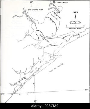 . Kooperative Golf von Mexiko Mündungs- bestand und Studie, Texas: Bereich Beschreibung / Richard A. Diener. Ästuare Texas. Abbildung 21: Verteilung der durchschnittlichen jährlichen Oberfläche Salzgehalt in der Galveston Bay Area für 1963-1966. (Quellen: unveröffentlichte Daten aus Galveston biologisches Labor, National Marine Fischerei Service; 1963, 1964; Martinez 1965, 1966.) 33. Bitte beachten Sie, dass diese Bilder sind von der gescannten Seite Bilder, die digital für die Lesbarkeit verbessert haben mögen - Färbung und Aussehen dieser Abbildungen können nicht perfekt dem Original ähneln. extrahiert. Diener, Rich Stockfoto